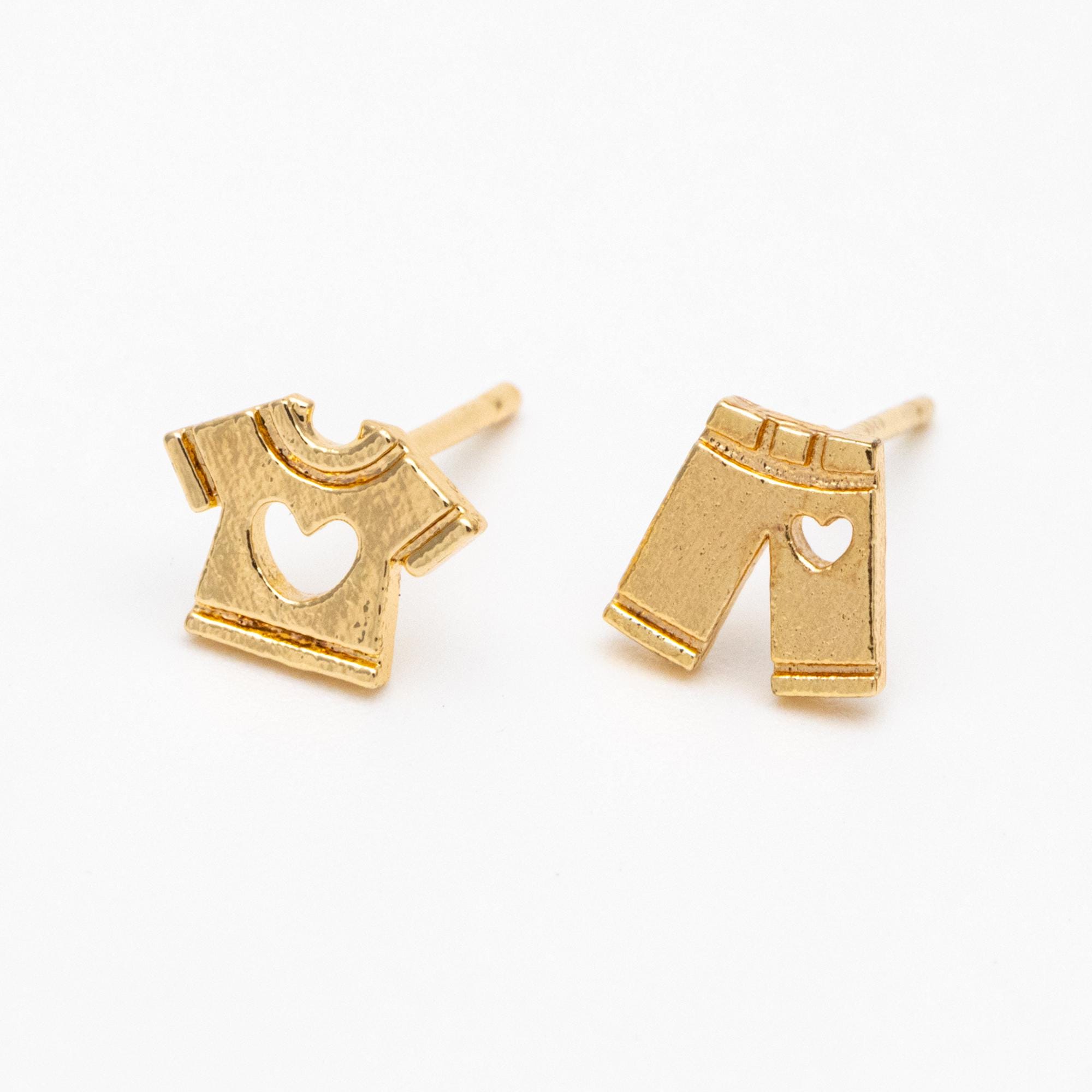 10pcs Gold Heart T-shirt/ Trousers Earrings, Gold Plated Brass Minimalist Stud Earrings (GB-3287)